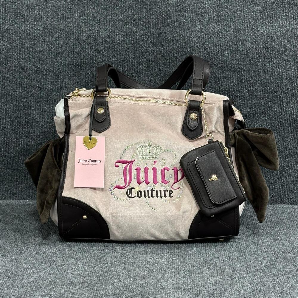 Juicy Couture Tote Bag Womens Medium Pink Bow Velour Logo Charm Pouch Crown NWT